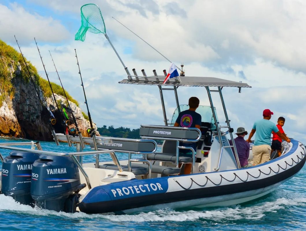 Protector 28' boat charter for private whale watching tour in Contadora Island, Pearl Islands, Panamá. Includes lunch in an oceanfront restaurant.